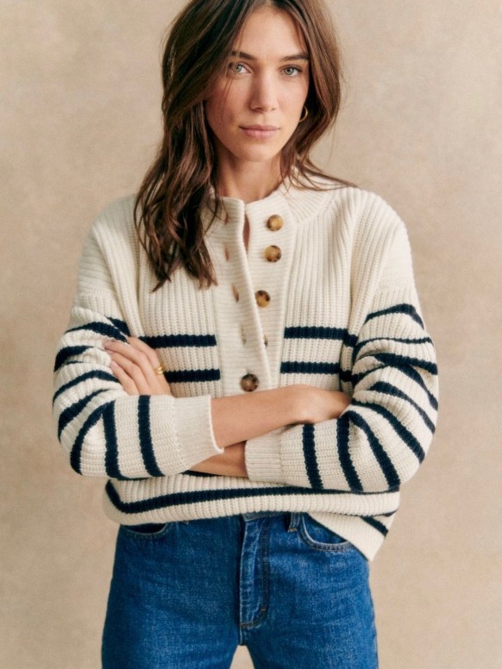Sezane Lucas Jumper Cream and Navy Striped Button-Front